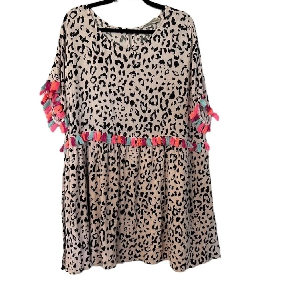 Savanna Jane Women's Stepping Ahead Leopard Neon Tassel Dress Size 2X GUC